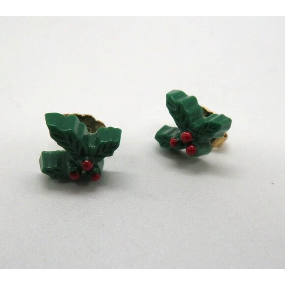 Vintage Holly Leaf Stud Earrings Red Berries Christmas Holidays Lightweight - Picture 3 of 5